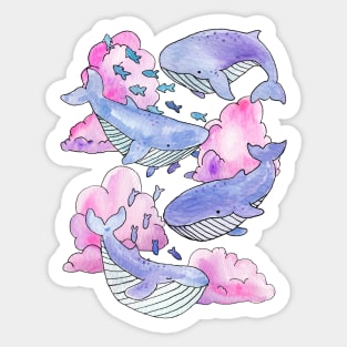 Whales & Fish Swimming Within Dreamy Pink & Purple Clouds Sticker